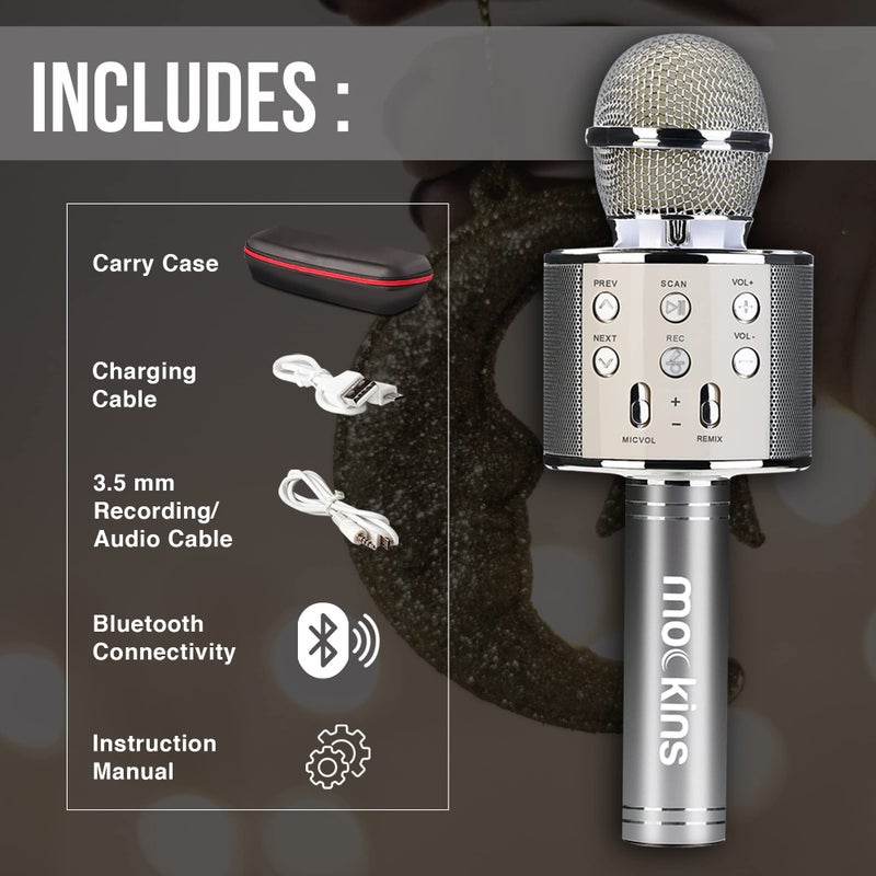 Mockins Silver Bluetooth Karaoke Microphone for Kids with Built in Wireless Speaker| Wireless Microphone Karaoke Compatible with iOS & Android | All-in-One Mic - Image 2